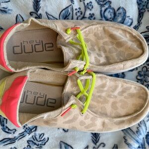Hey Dude Beige Leopard Shoes with Neon Highlights